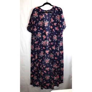 Torrid Kimono Sz 1/2 Blue Floral Boho Sheer Layering Long Duster Open Front Fall